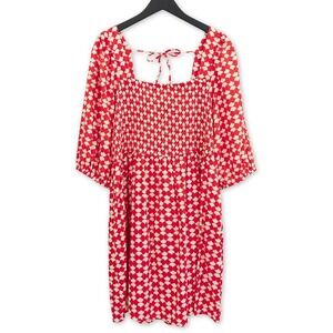 Ava & Viv Dress Womens 1X Red Smocked Midi Retro Xmas Mid Century Mod